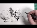 Drawing and Painting four different types of Trees with ink and watercolor.