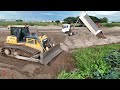 Huge Project Water SizeLand Using Sand Fill with Dozer Push In Water and Dump Truck Unloading Sand