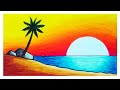 Cara Menggambar Pemandangan Matahari Terbenam di Pantai | Menggambar dan Mewarnai Pemandangan Sunset