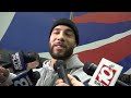 Micah Hyde talks to the media after locker cleanout