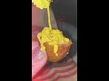 Pouring mustard on corn dog in slo-mo.