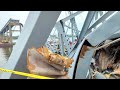 Key Bridge Disaster! Removing Piece on Top of Ship! Wild Footage!