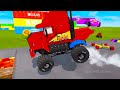 4 MONSTER TRUCKS vs Big & Small Long Mack Truck with Ball vs Train Thomas - BeamNG.Drive