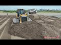 Best action Shantui DH17c2 Dozer Pushing sand And 20 ton Dongfeng Dump Truck pouring sand filling up