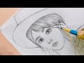 how to draw a girl with big hat - step by step// girl drawing easy // pencil drawing easy