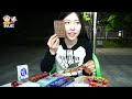 ASMR MUKBANG| Outdoor Convenience store at Night! Tteokbokki, Spicy Noodles, Kimchi Ramyun, Desserts