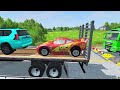 Double Flatbed Trailer Truck vs Speedbumps Train vs Cars | Tractor vs Train Beamng.Drive 001