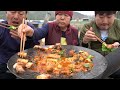 Kimchi stew with Grilled Samgyeopsal on a cauldron lid - Mukbang eating show