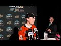 Beckett Sennecke speaks to the media after being drafted third overall by the Anaheim Ducks