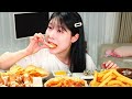 ASMR MUKBANG| Fire spicy Tteokbokki, Fried Chicken, French fries, Potato Chips, Rice balls.