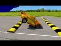 Double Flatbed Trailer Truck vs Speedbumps Train vs Cars Beamng.Drive