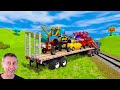 Funny Cars vs Flatbed Trailer Truck Rescue Bus - LONG CARS vs Funny cars with Slide Color - BeamNG