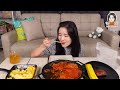 cooking mukbang :) spicy fire enoki mushrooms and black bean noodles rice paper wrap.