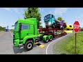 Big & Small Long: Red Mack Truck vs Green Mack Truck vs Blue Mack Truck with Logs vs Train | BeamNG