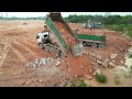 Wow! Huge Land Filling Process Strong Bulldozer Pushing Rock Ft 24ton Dump Truck Unloading Rock