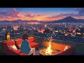 [Lofi BGM chill] A girl staring at the sunset over a bonfire on an urban rooftop.