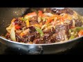 Beef tender juicy sliced thinly with bell peppers try to cook it and you will be amazed at the taste