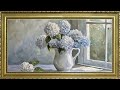 WHITE HYDRANGEA FLORAL VINTAGE FRAME TV ART SCREENSAVER WALLPAPER BACKGROUND OIL PAINTING HOME DECOR