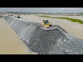 Excellent Activity Incredible Powerful Dozer Shantui Pushing Stone Build Road With Many Truck