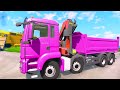 Long Cars and Funny Cars vs Slide Color - Flatbed Trailer Transportation Truck Rescue Bus - BeamNG