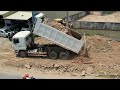 Amazing SHANTUI Bulldozer Pushing Soil With Hyundai 25TON, SHACMAN Trucks Pour soil on the sidewalk