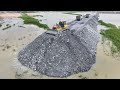 Incredible Bulldozer SHANTUI Pushes Rock to River-Making Road, Team Dump Truck SHACMAN Spreads Rock