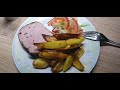 How to cook easy and quick  home made chips with pork loaf and Onion and Tomato Salad.