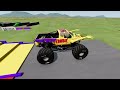 Big & Small Monster Trucks Jumping Through Giant Portal & Stairs Color Racing Jumps and Crashes