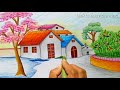 How to draw landscape / scenery of spring season with oil pastels.Step by step(easy draw)