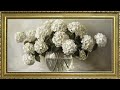 VINTAGE FRAME TV ART WHITE FLORAL HYDRANGEAS TV SCREENSAVER WALLPAPER BACKGROUND OIL PAINTING DECOR