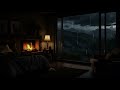 Dark Bedroom with Forest View | Crackling Fireplace, Rainfall Outside Sounds To Sleep, Rest, Relax