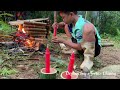 Orphan boy efforts-  Making candles with bamboo tubes, harvesting yellow and white corn.