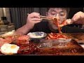 SUB 통스팸 함박스테이크 먹방 계란반숙 조합 오징어물회 대박 레전드 먹방 hamburger steak mukbang Legend koreanfood eatingshow asmr