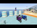 Superheroes on a motorcycle ride over the sea along the Spider-Man Bridge GTA 5