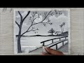 How to draw scenery of Moonlight night scene with pencil sketch step by step