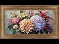 Framed Art screensaver 4k . Floral vintage background painting.