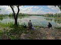 Walk along the lake. Frogs jump into the water. Fishermen catch fish.