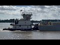 Mississippi River with views of New Orleans skyline, twin span bridges, & ships #neworleans #bridges