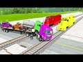 Double Flatbed Trailer Truck vs Speedbumps Train vs Cars | Tractor vs Train Beamng.Drive 130