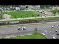 Trains and a full 15 barge tow, Mississippi River at Ft Madison Iowa.