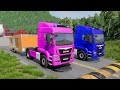 Double Flatbed Trailer Truck vs speed bumps|Busses vs speed bumps|Beamng Drive|017