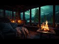 Cabin Ambience with Fireplace Sounds , Heavy Rain & Thunder on Ancient House for Sleeping for Study