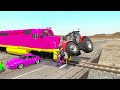 Funny Cars vs Flatbed Trailer Truck Car Rescue Bus - Cars vs Rails and Train - Cars vs Deep Water