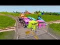 TRANSPORTING PIXAR CARS, SPPEDBUMPS, COLORED STAIRCASE, DOUBLE FLATBED TRAILER AGAINST THE TRAIN #14