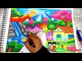 How to draw scenery landscape Waterfall and House step by step