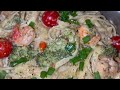 Shrimp & broccoli pesto pasta, salad w/ avocado lime ranch & garlic cheese bread😋