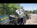 Beautiful girl helps us clean the sidewalk while jogging