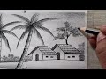 How to Draw Village Scenery with Pencil Sketch, Nature Pencil Drawing  for Beginners