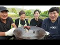 Big size Tomahawk steak grilled on a cauldron lid - Mukbang eating show