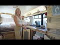 Her bohemian tiny home! Solo female lives in bus conversion